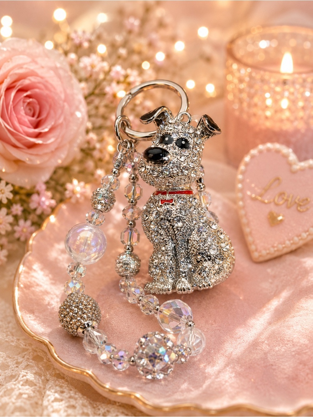 Large Crystal Rhinestone Dog Keychain with Beaded Bag Charm